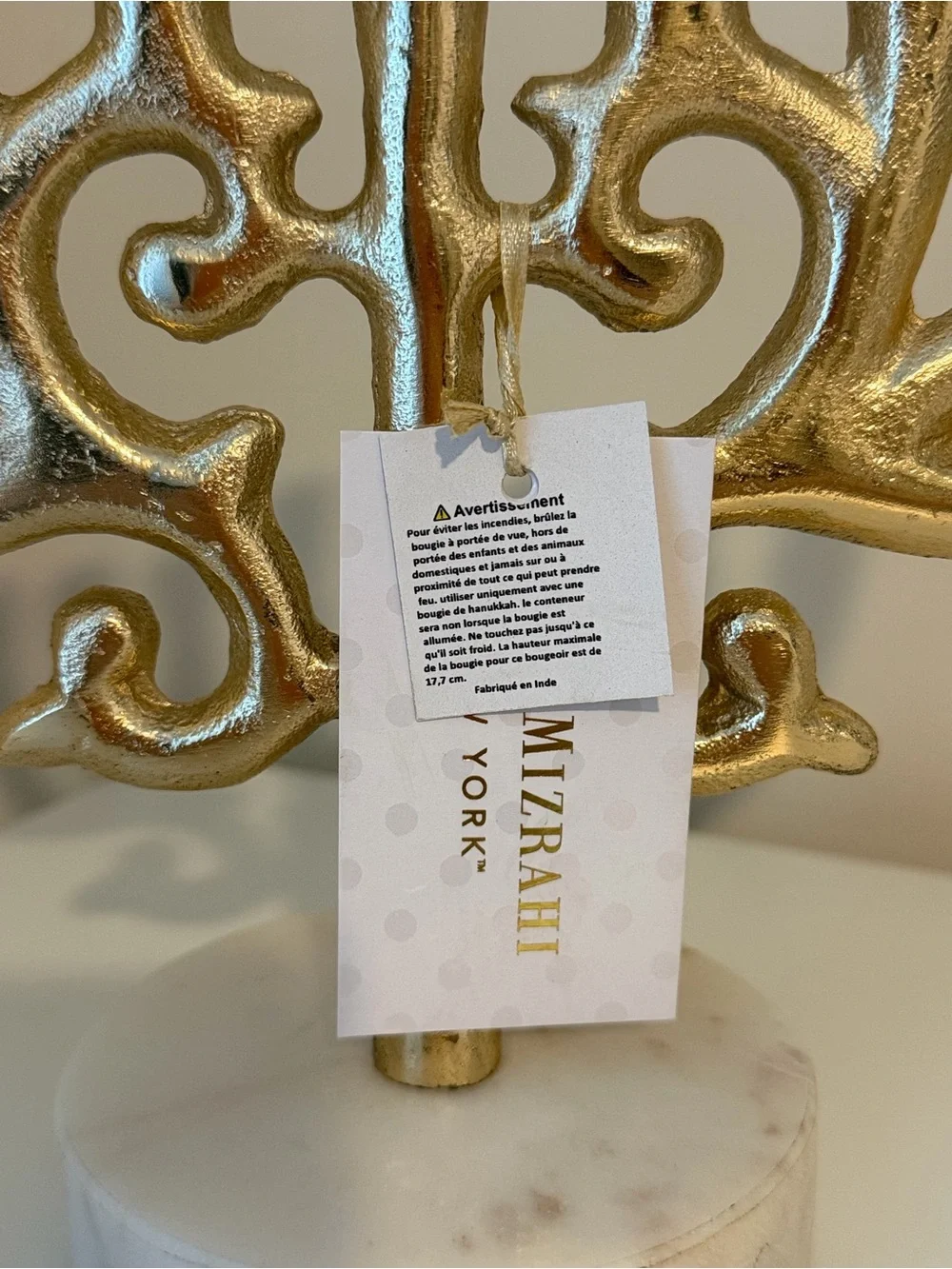 Isaac Mizrahi Gold Metal Hanukkah Menorah Candle Holder w/ Marble Base NWT